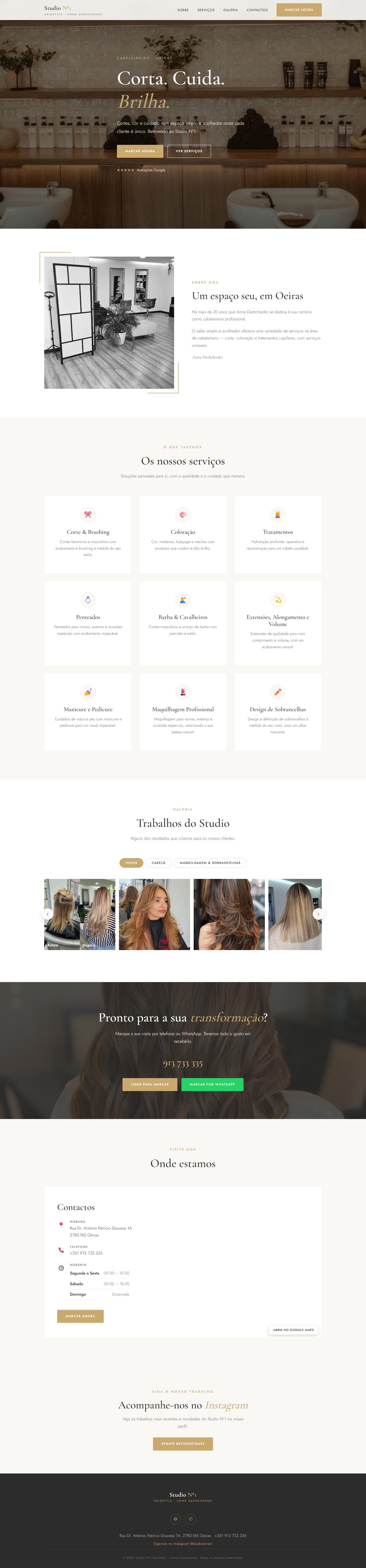 Página inicial do site do Studio Nº1, cabeleireiro em Oeiras